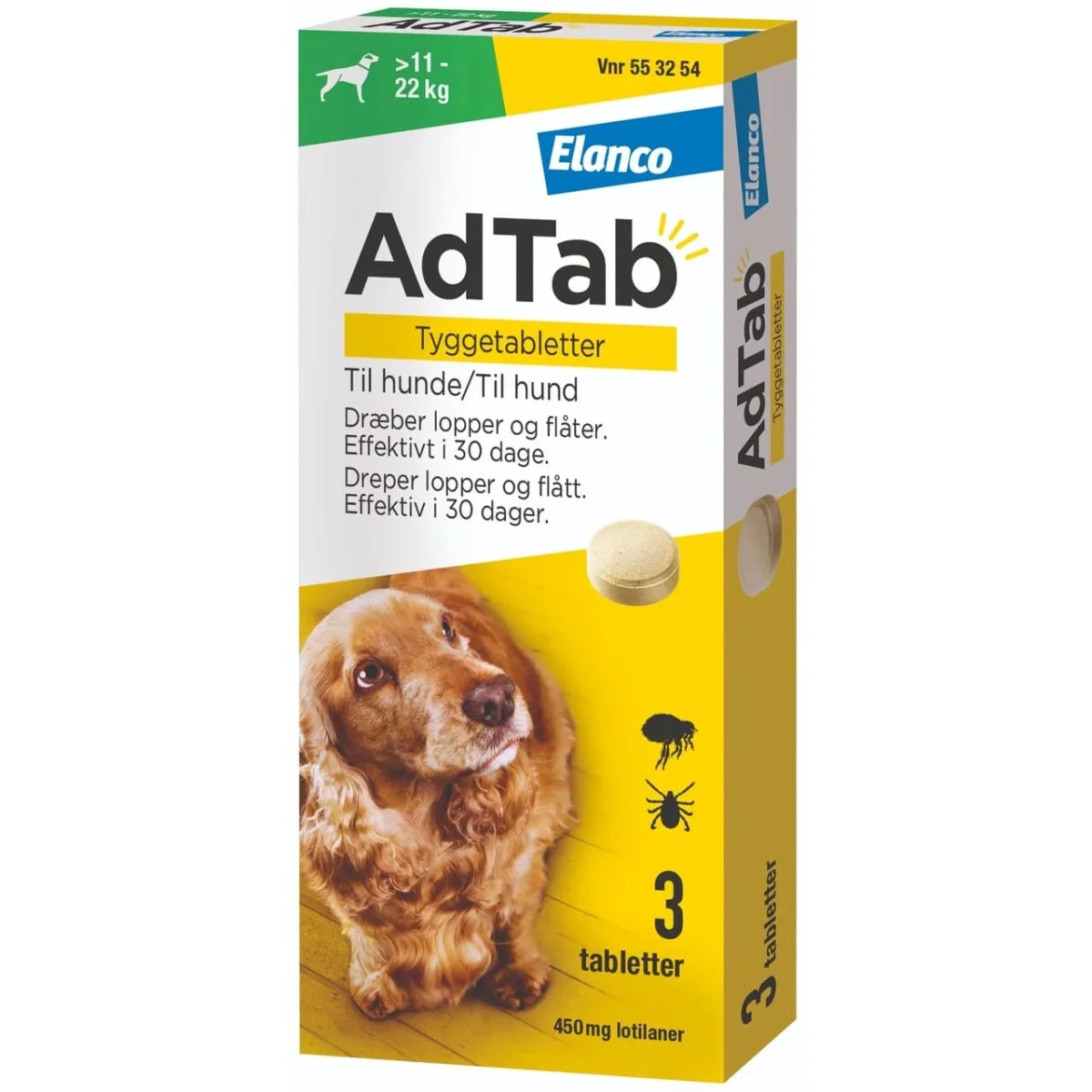 AdTab hund 11–22 kg 450 mg 3stk – loppe- og flåtbehandling